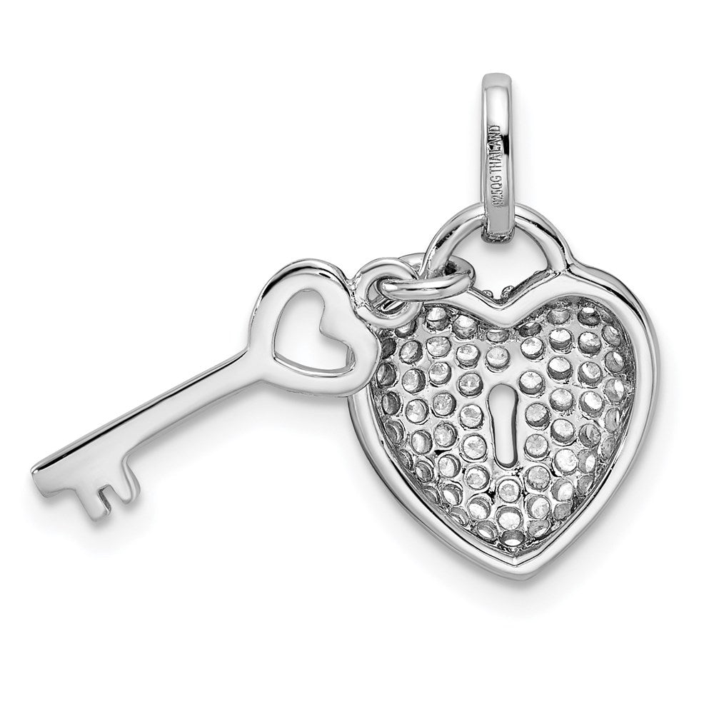 Sterling Silver Rhodium-Plated CZ Heart Lock & Key Pendant