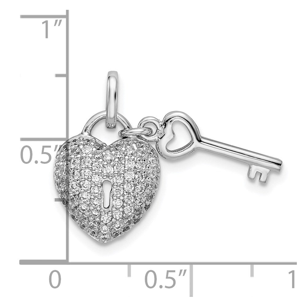 Sterling Silver Rhodium-Plated CZ Heart Lock & Key Pendant