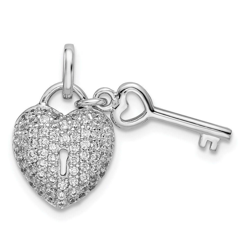 Sterling Silver Rhodium-Plated CZ Heart Lock & Key Pendant