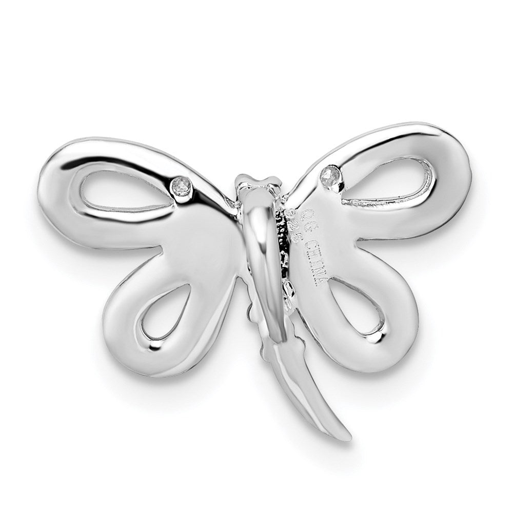 Sterling Silver Rhodium-Plated Diamond And Red Cz Dragonfly Chain Slide