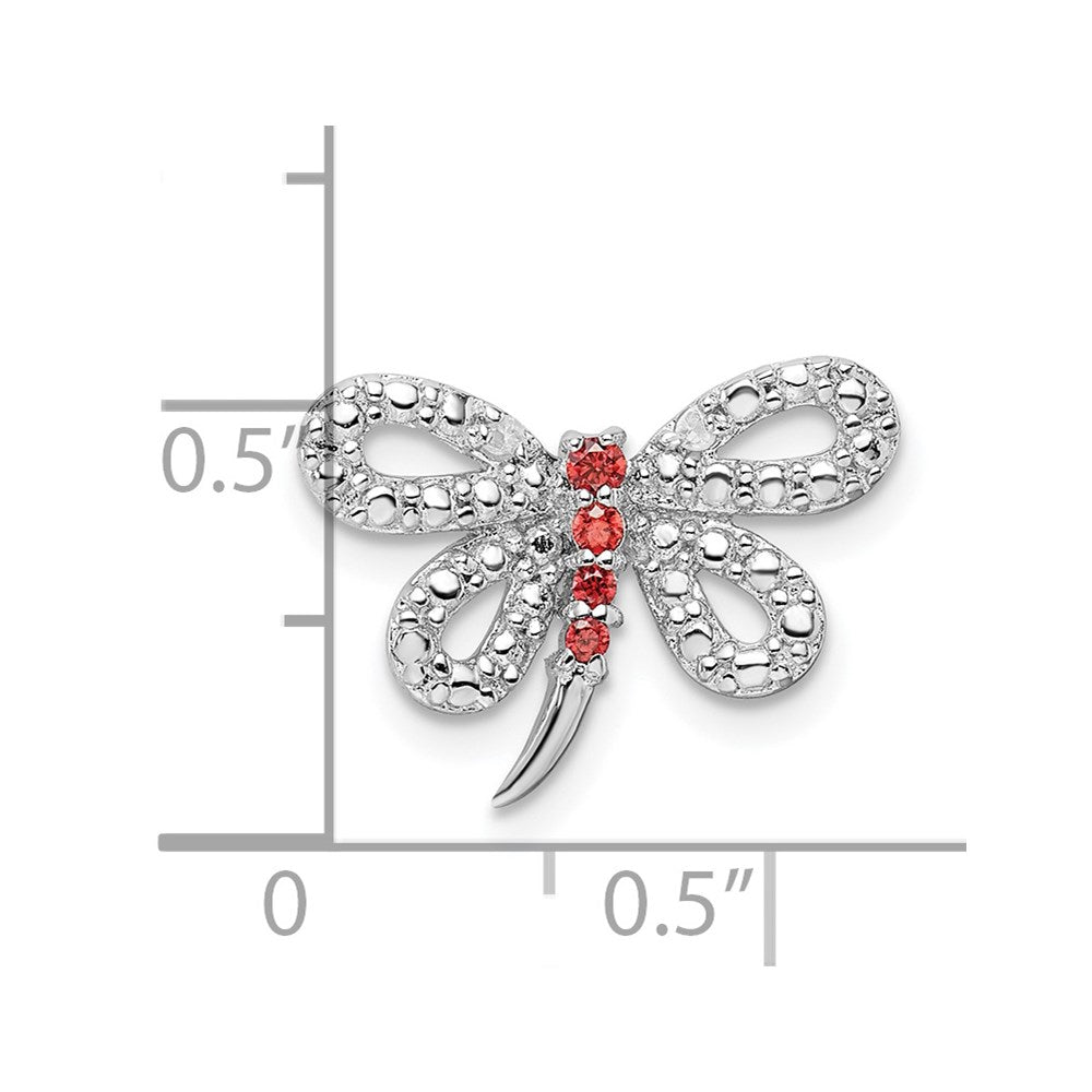 Sterling Silver Rhodium-Plated Diamond And Red Cz Dragonfly Chain Slide