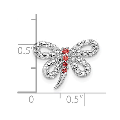 Sterling Silver Rhodium-Plated Diamond And Red Cz Dragonfly Chain Slide