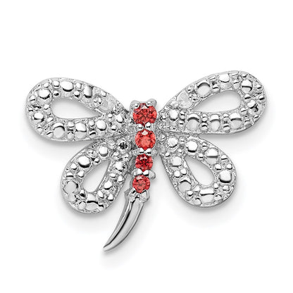 Sterling Silver Rhodium-Plated Diamond And Red Cz Dragonfly Chain Slide