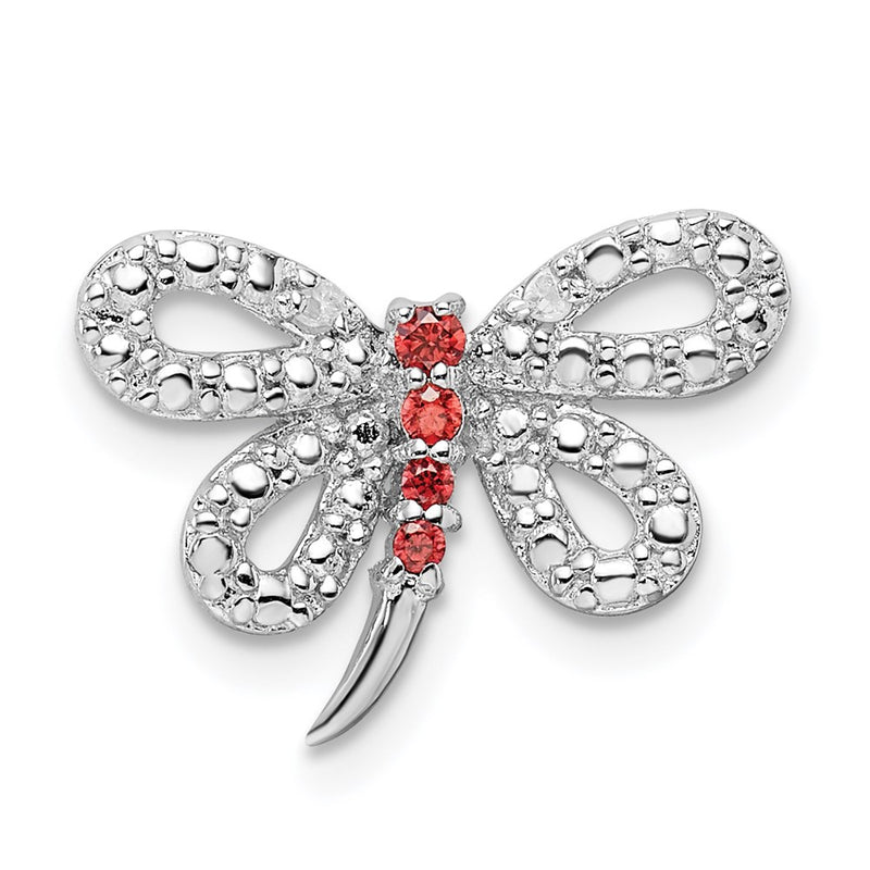 Sterling Silver Rhodium-Plated Diamond And Red Cz Dragonfly Chain Slide