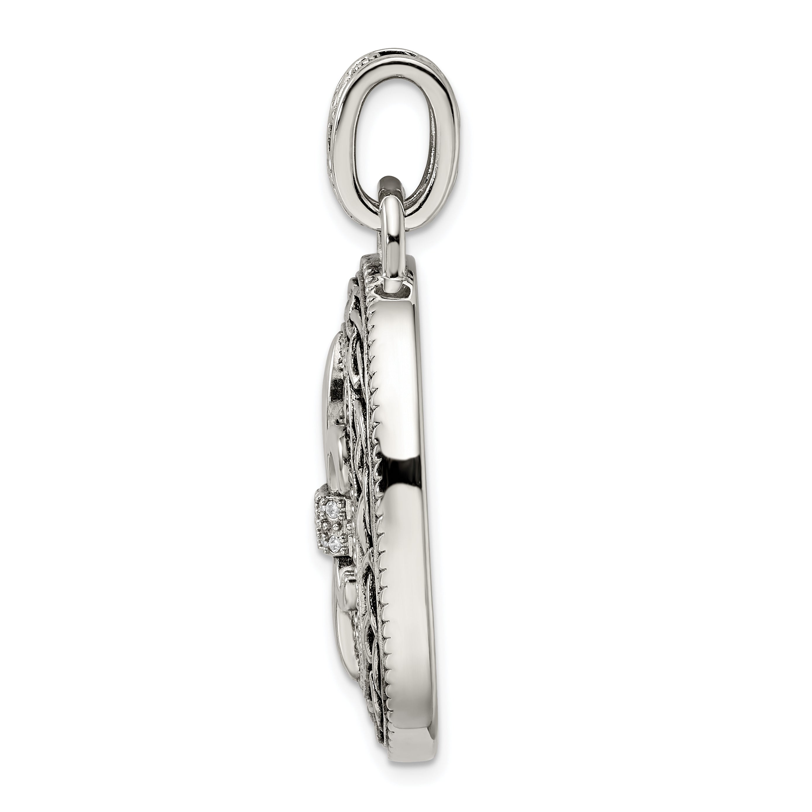 Sterling Silver Cz Antiqued Filigree Fleur De Lis Pendant