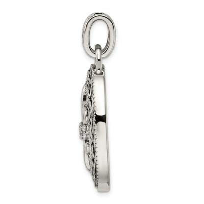 Sterling Silver Cz Antiqued Filigree Fleur De Lis Pendant