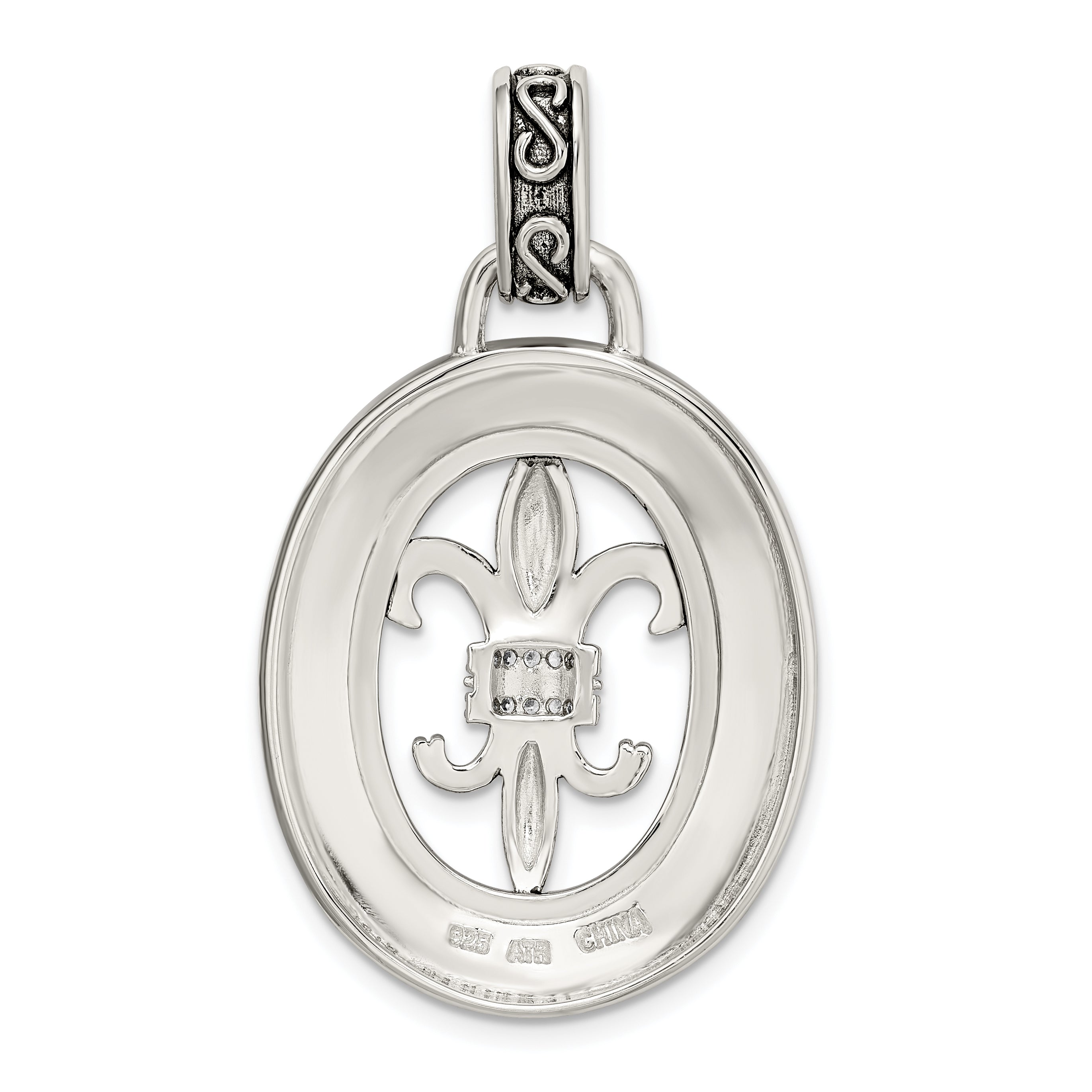 Sterling Silver Cz Antiqued Filigree Fleur De Lis Pendant