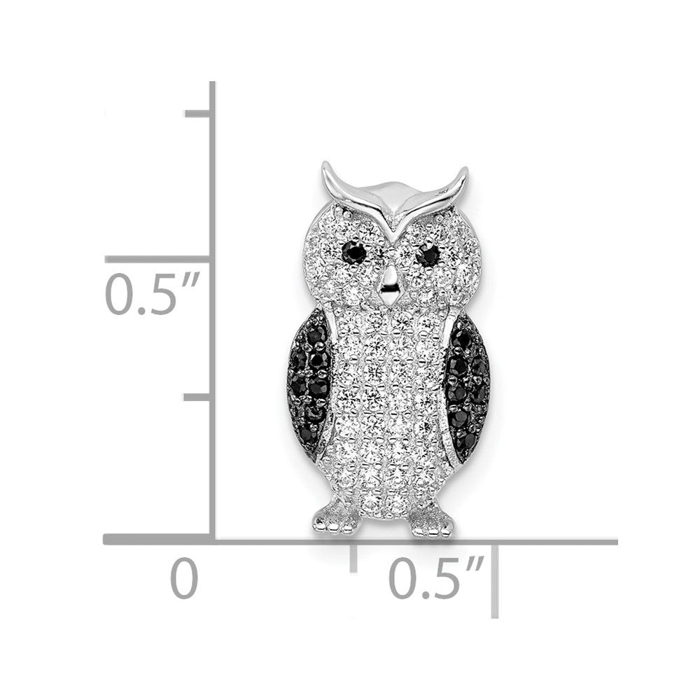 Sterling Silver Rhodium-Plated Polished Black And White Cz Owl Slide Pendant