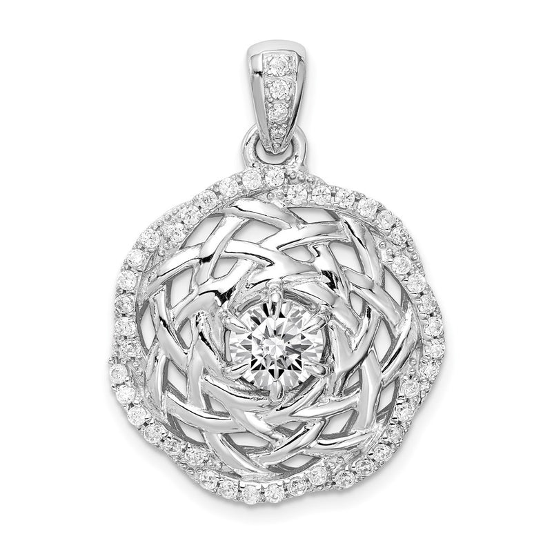Sterling Silver Rhodium-Plated 6mm Cz Center Woven Pendant