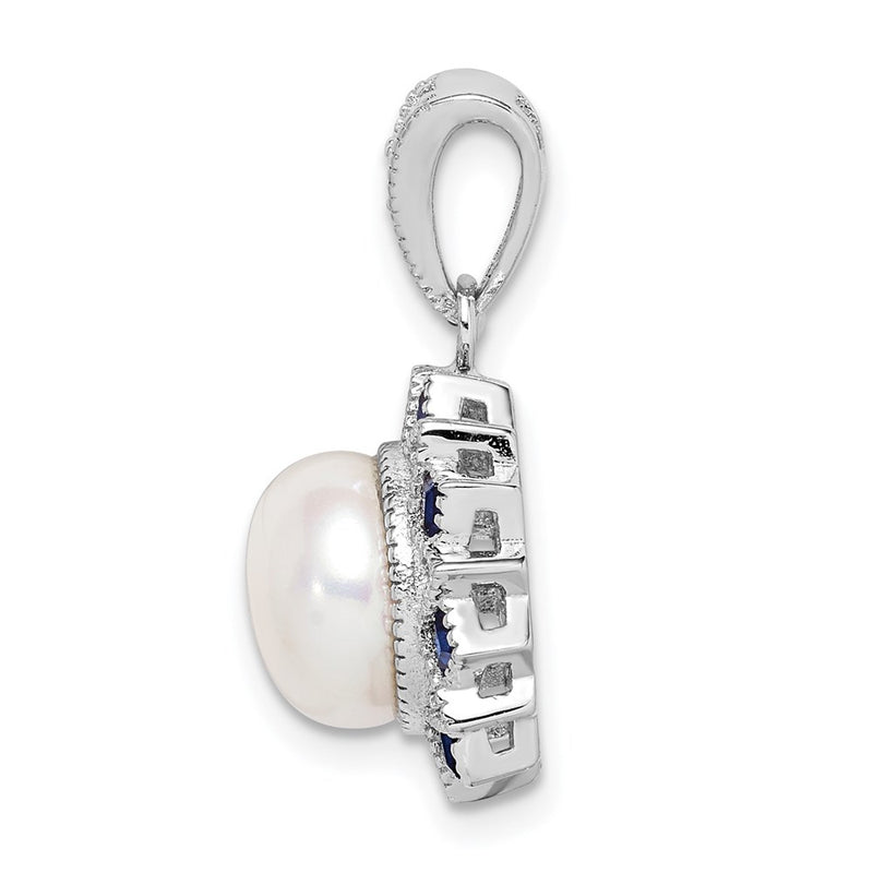 Sterling Silver Rh-Plated Fwc Pearl/Syn. Blue Spinel Flower Pendant