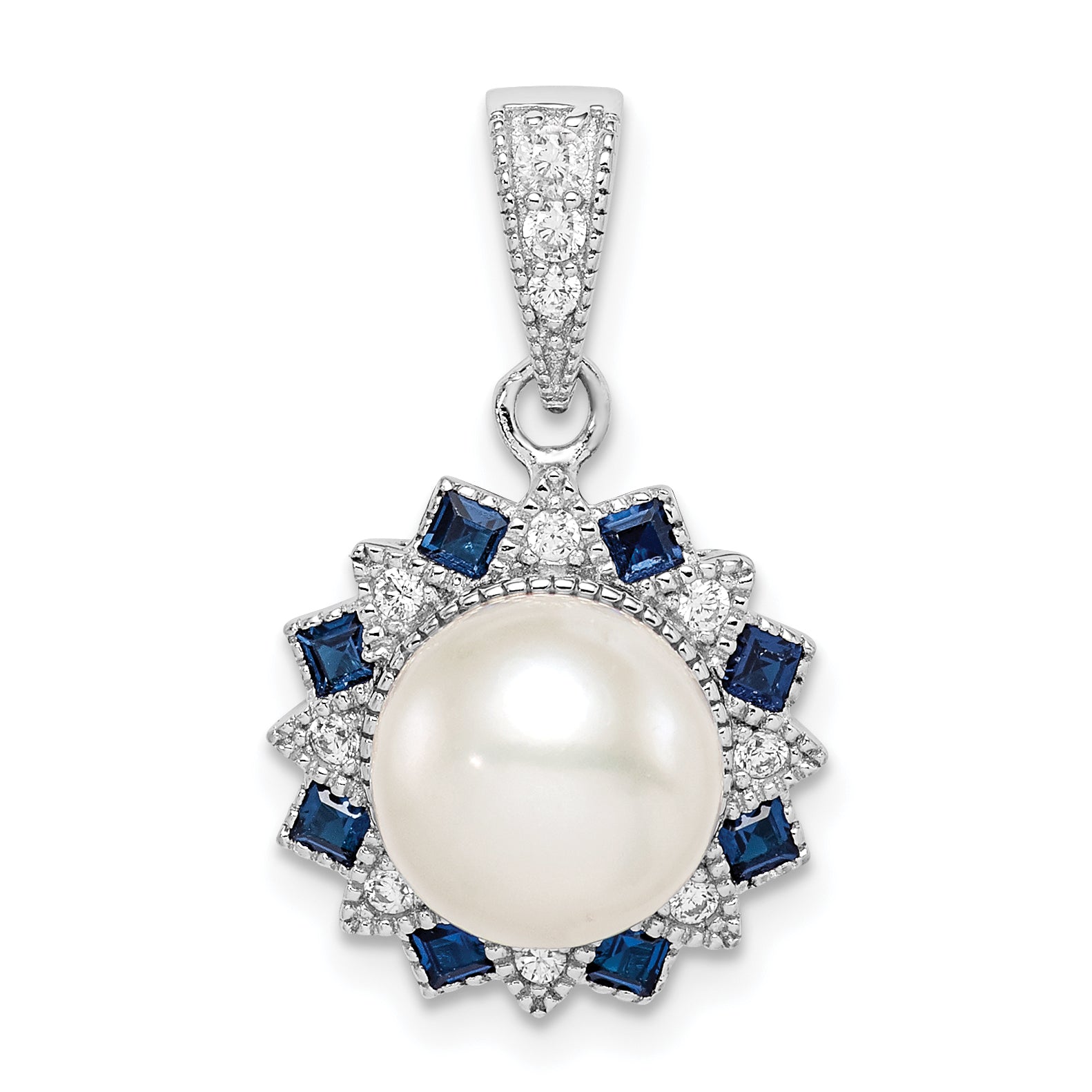 Sterling Silver Rh-Plated Fwc Pearl/Syn. Blue Spinel Flower Pendant