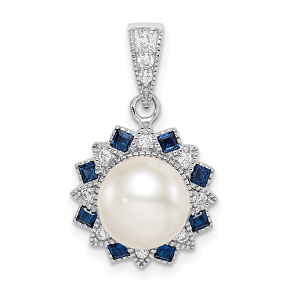 Sterling Silver Rh-Plated Fwc Pearl/Syn. Blue Spinel Flower Pendant