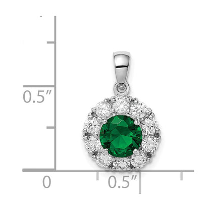 Sterling Silver Rhodium-Plated Green Glass And Cz Halo Pendant