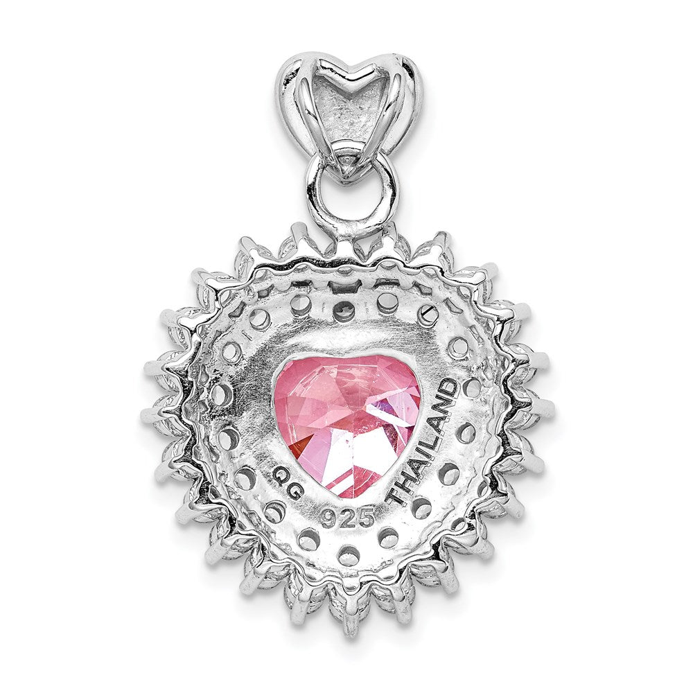 Sterling Silver Rhodium-Plated 9mm Pink Heart Cz Pendant