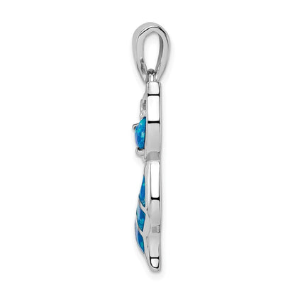 Sterling Silver Rhodium-Plated Created Opal Cat Pendant