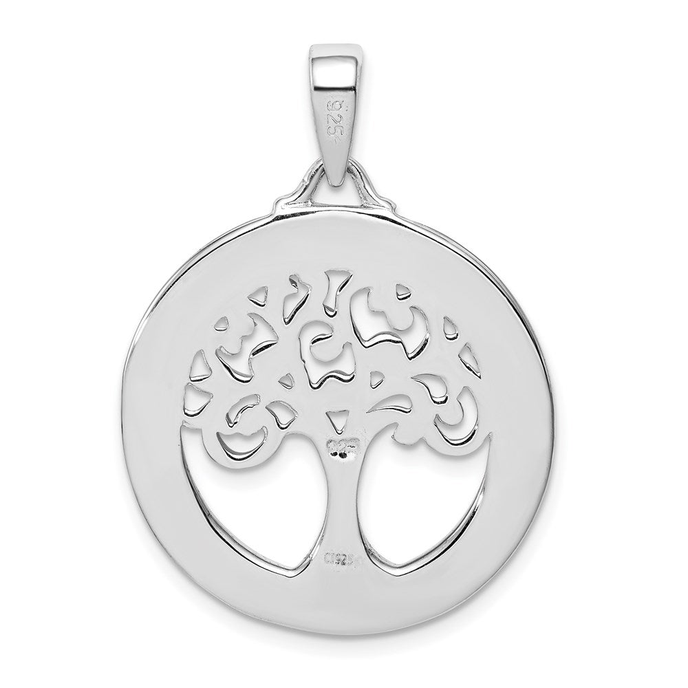 Sterling Silver Rhodium-Plated Created Opal Circle W/Tree Pendant