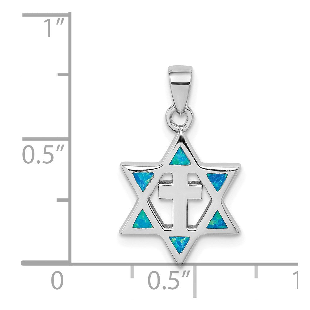 Sterling Silver Rhodium-Plated Star Of David Created Opal Cz Pendant