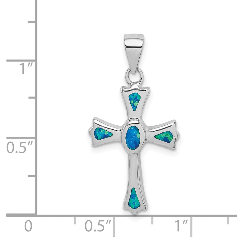 Sterling Silver Rhodium-Plated Created Blue Opal Small Cross Pendant