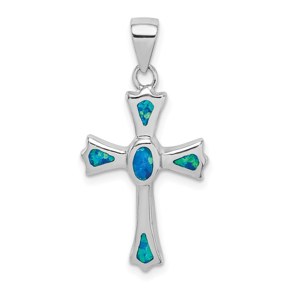 Sterling Silver Rhodium-Plated Created Blue Opal Small Cross Pendant