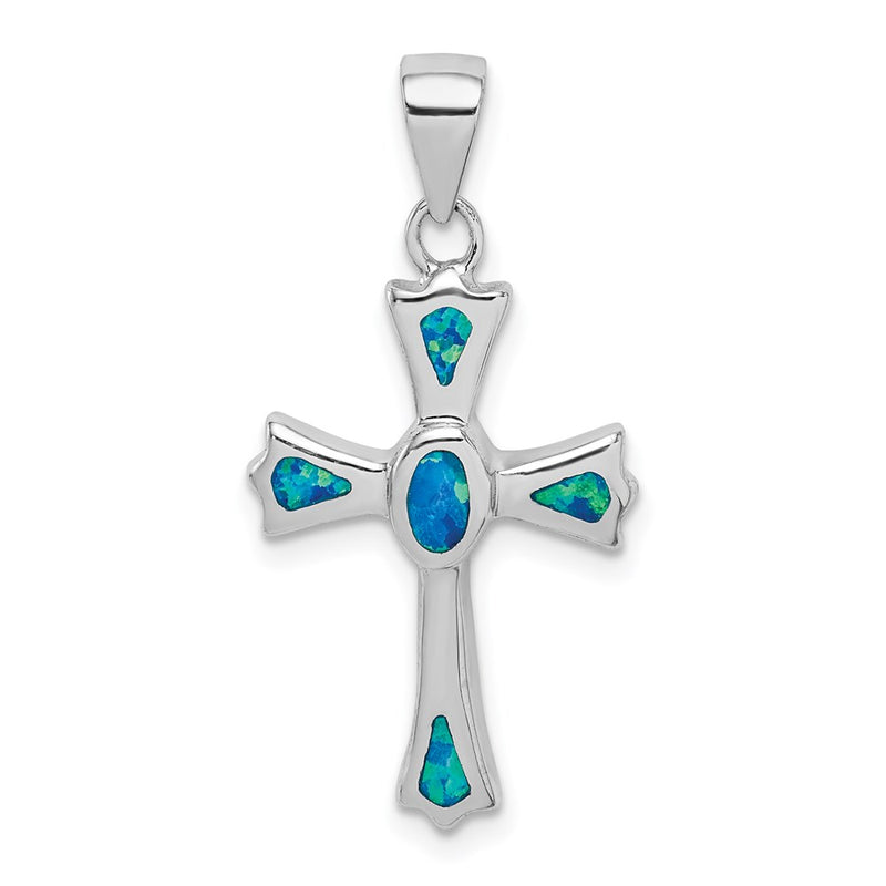 Sterling Silver Rhodium-Plated Created Blue Opal Small Cross Pendant