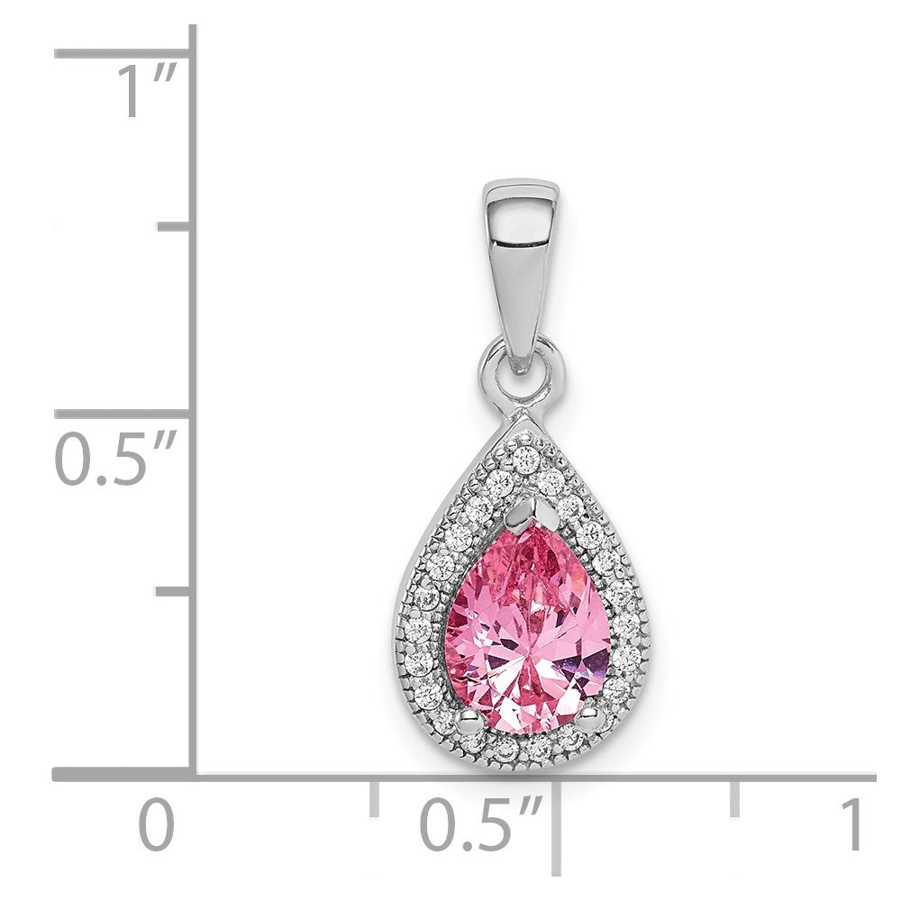 Sterling Silver Rhodium Plated Pink And Clear Cz Pendant