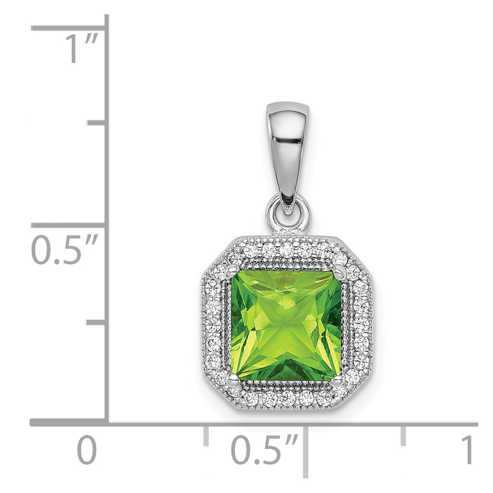 Sterling Silver Rhodium Plated Clear Cz And Square Green Pendant