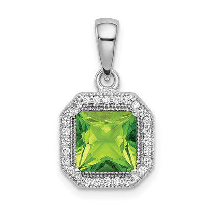 Sterling Silver Rhodium Plated Clear Cz And Square Green Pendant