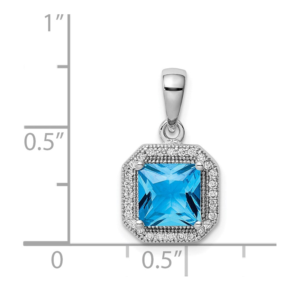 Sterling Silver Rhodium Plated Clear Cz And Square Blue Pendant