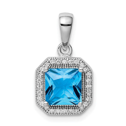 Sterling Silver Rhodium Plated Clear Cz And Square Blue Pendant