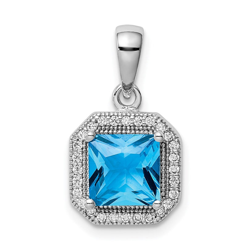 Sterling Silver Rhodium Plated Clear Cz And Square Blue Pendant