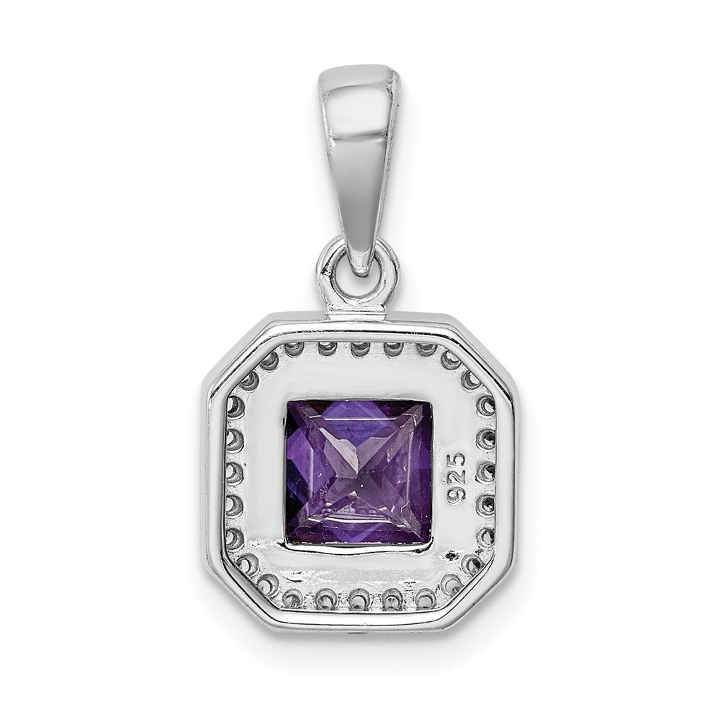 Sterling Silver Rhodium Plated Clear Cz And Square Purple Pendant