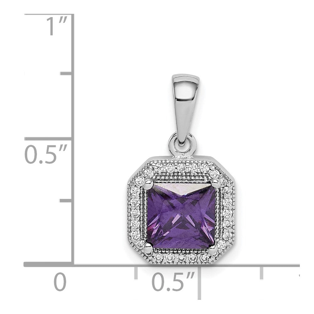 Sterling Silver Rhodium Plated Clear Cz And Square Purple Pendant