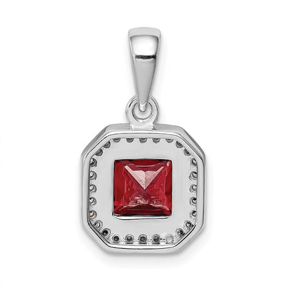 Sterling Silver Rhodium Plated Clear Cz And Square Red Pendant