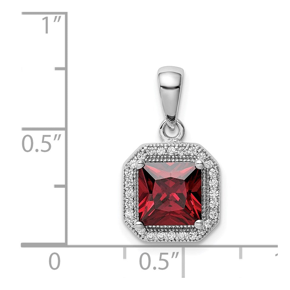 Sterling Silver Rhodium Plated Clear Cz And Square Red Pendant