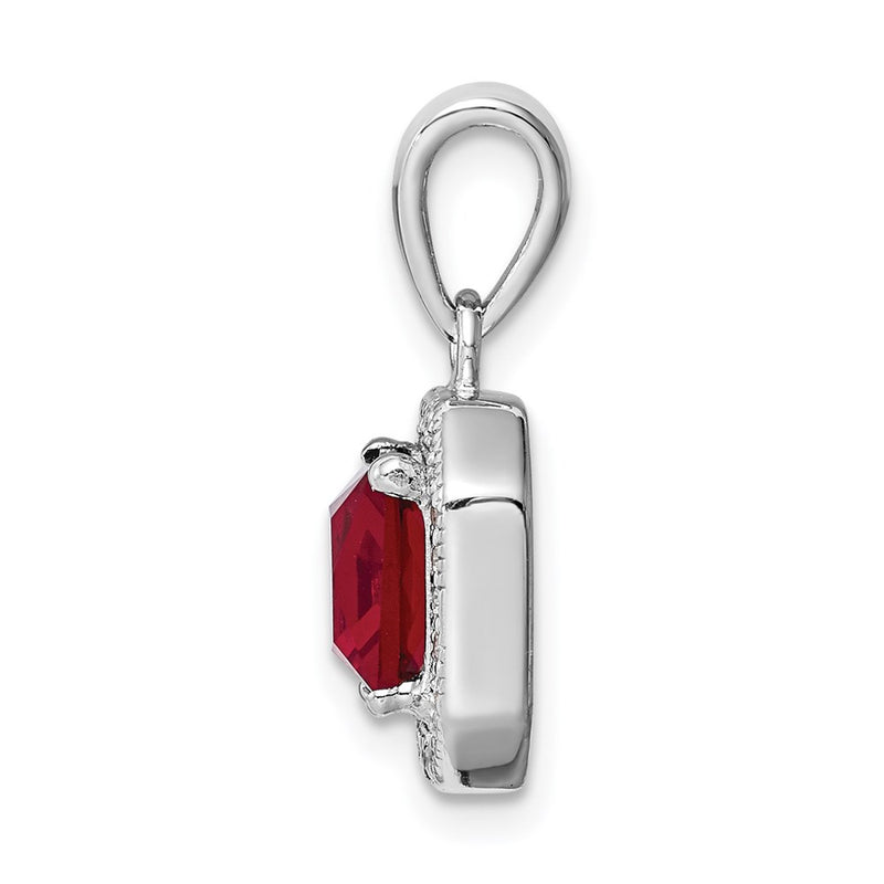 Sterling Silver Rhodium Plated Clear Cz And Square Red Pendant
