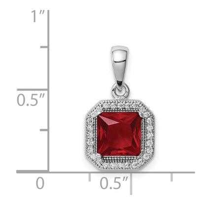 Sterling Silver Rhodium Plated Clear Cz And Square Red Pendant