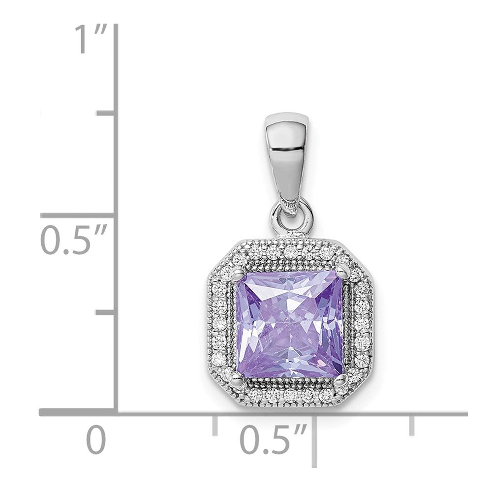 Sterling Silver Rhodium Plated Clear Cz And Square Light Purple Pendant