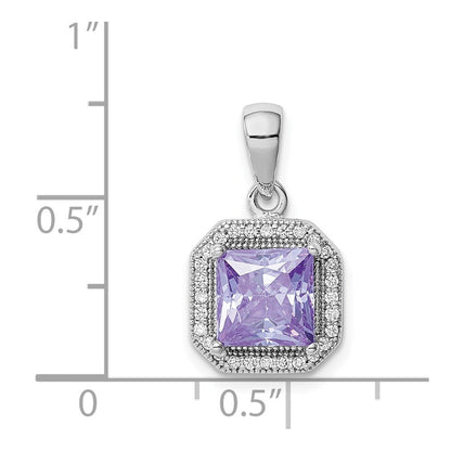 Sterling Silver Rhodium Plated Clear Cz And Square Light Purple Pendant