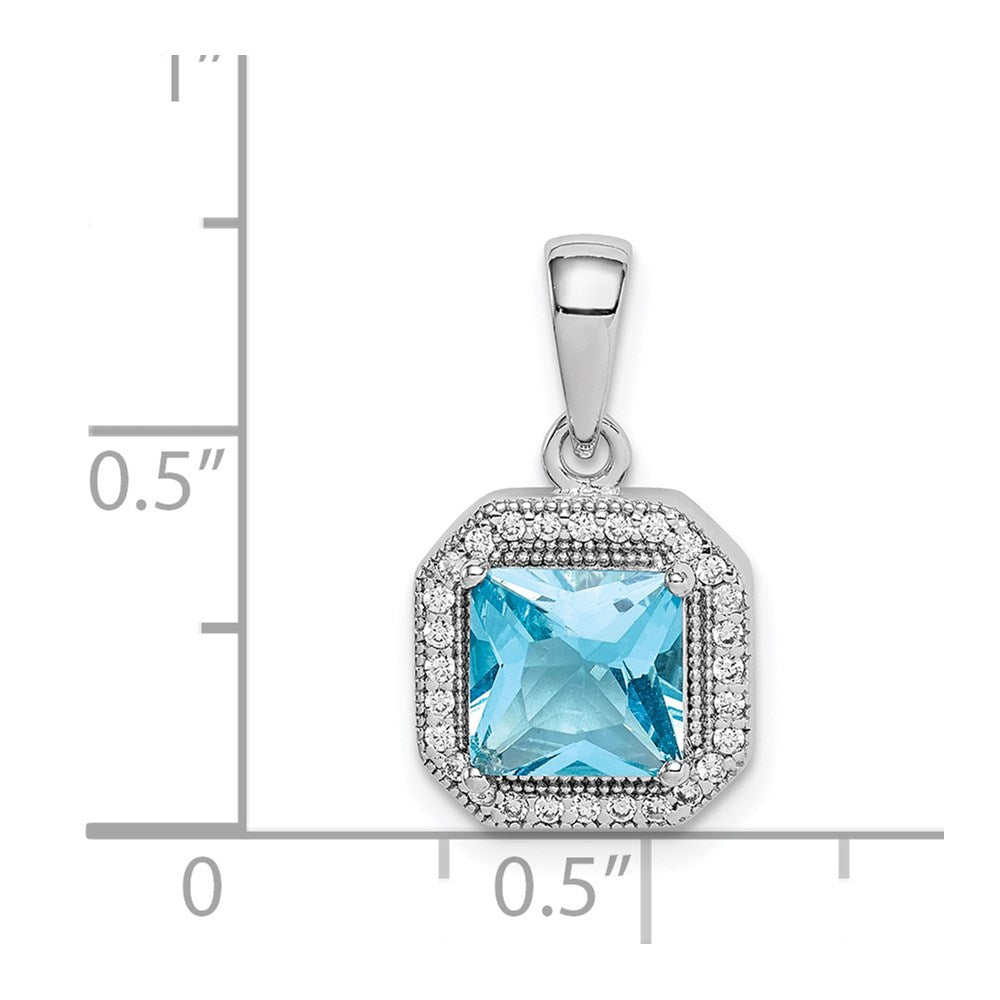 Sterling Silver Rhodium Plated Clear Cz And Square Blue Pendant