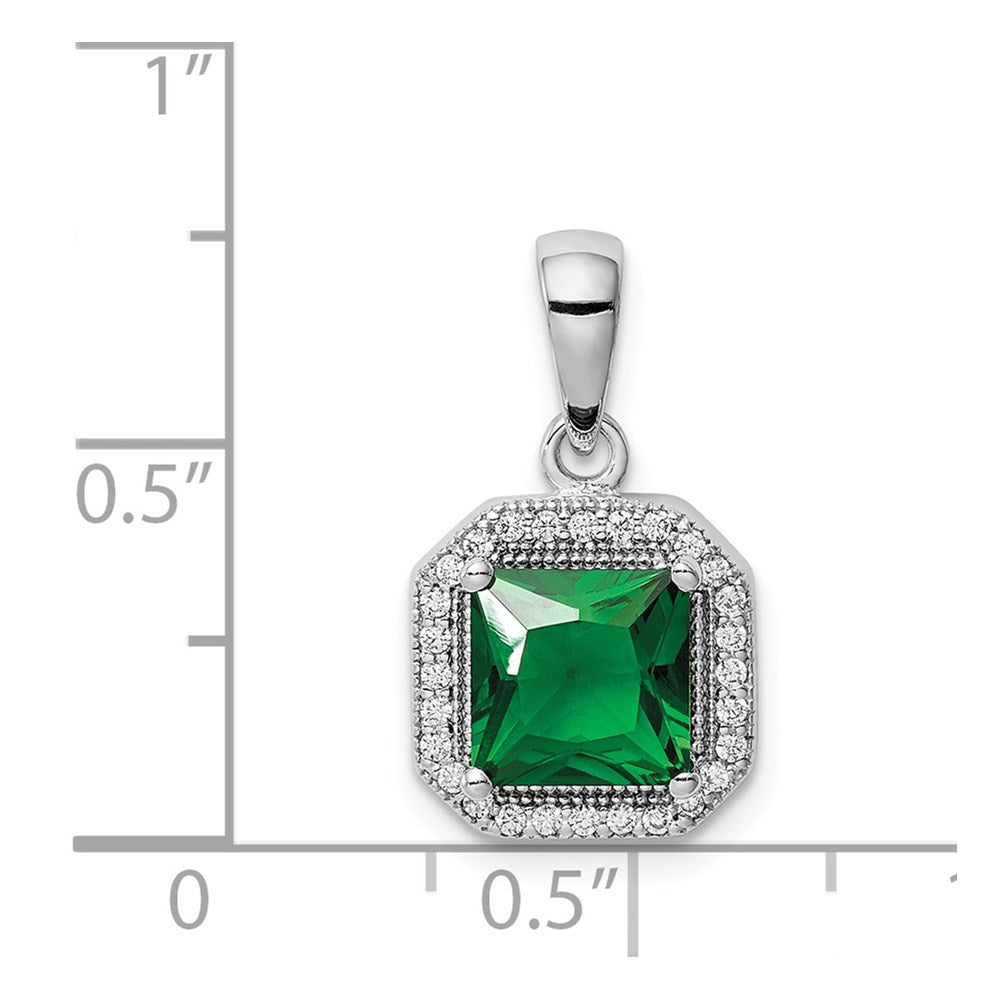 Sterling Silver Rhodium Plated Clear Cz And Square Green Pendant