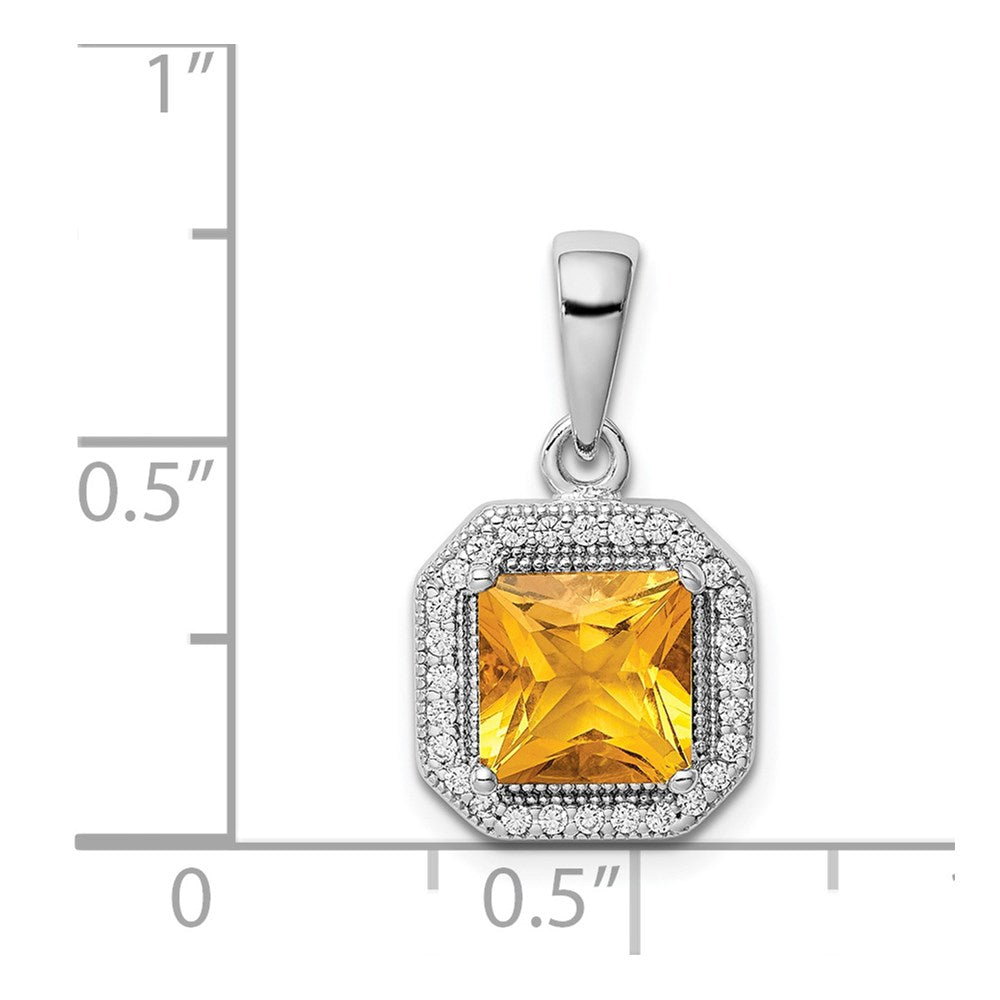 Sterling Silver Rhodium Plated Clear Cz And Square Yellow Pendant
