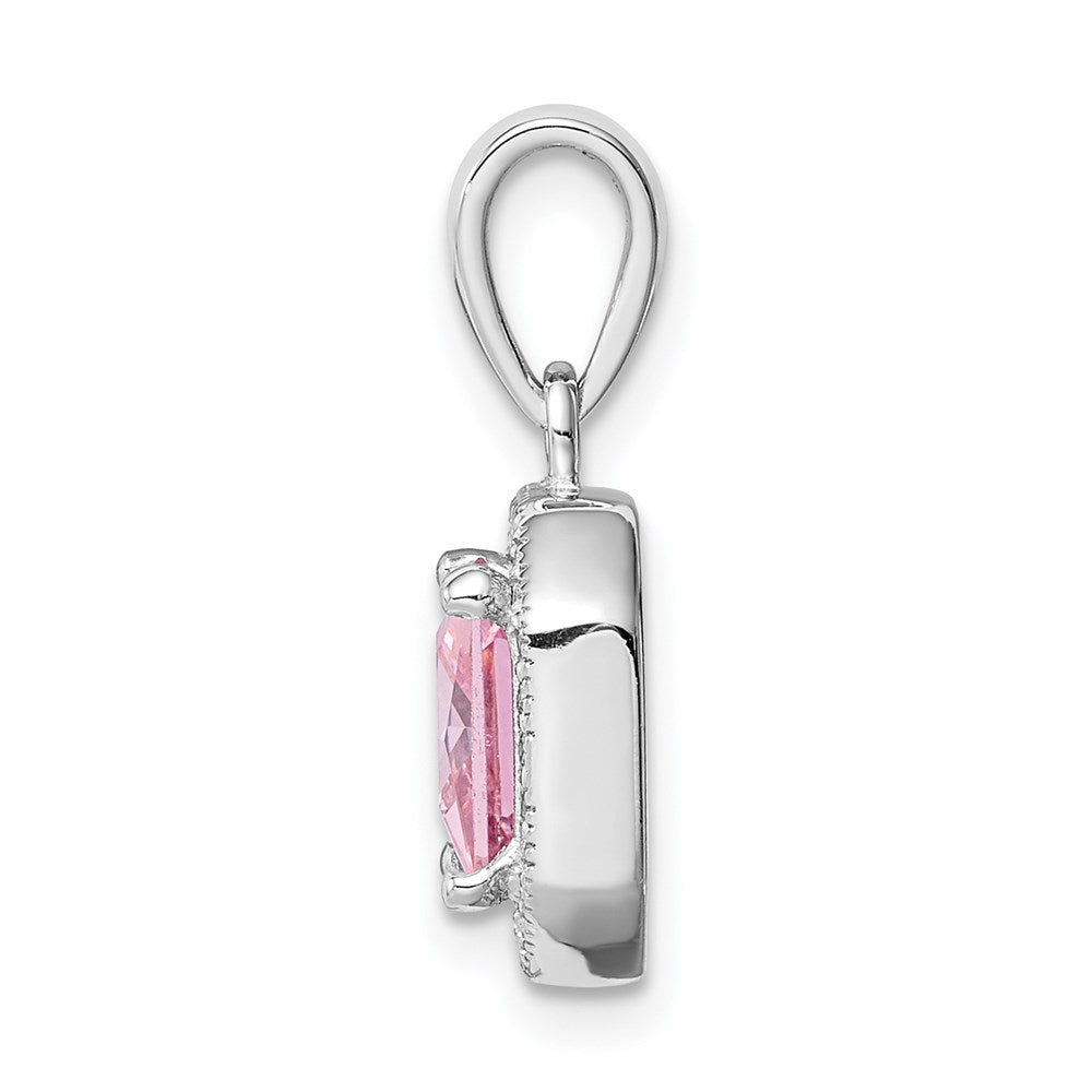 Sterling Silver Rhodium Plated Clear Cz And Square Pink Pendant