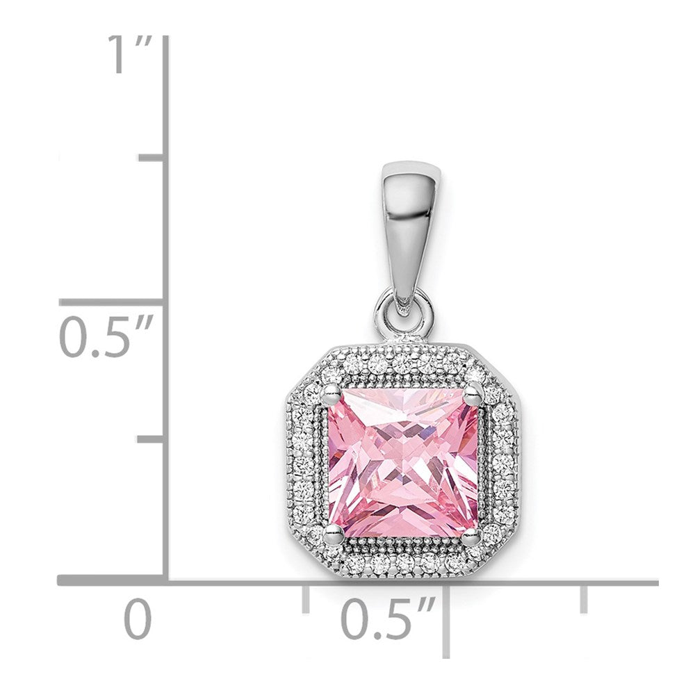 Sterling Silver Rhodium Plated Clear Cz And Square Pink Pendant