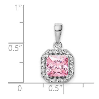 Sterling Silver Rhodium Plated Clear Cz And Square Pink Pendant