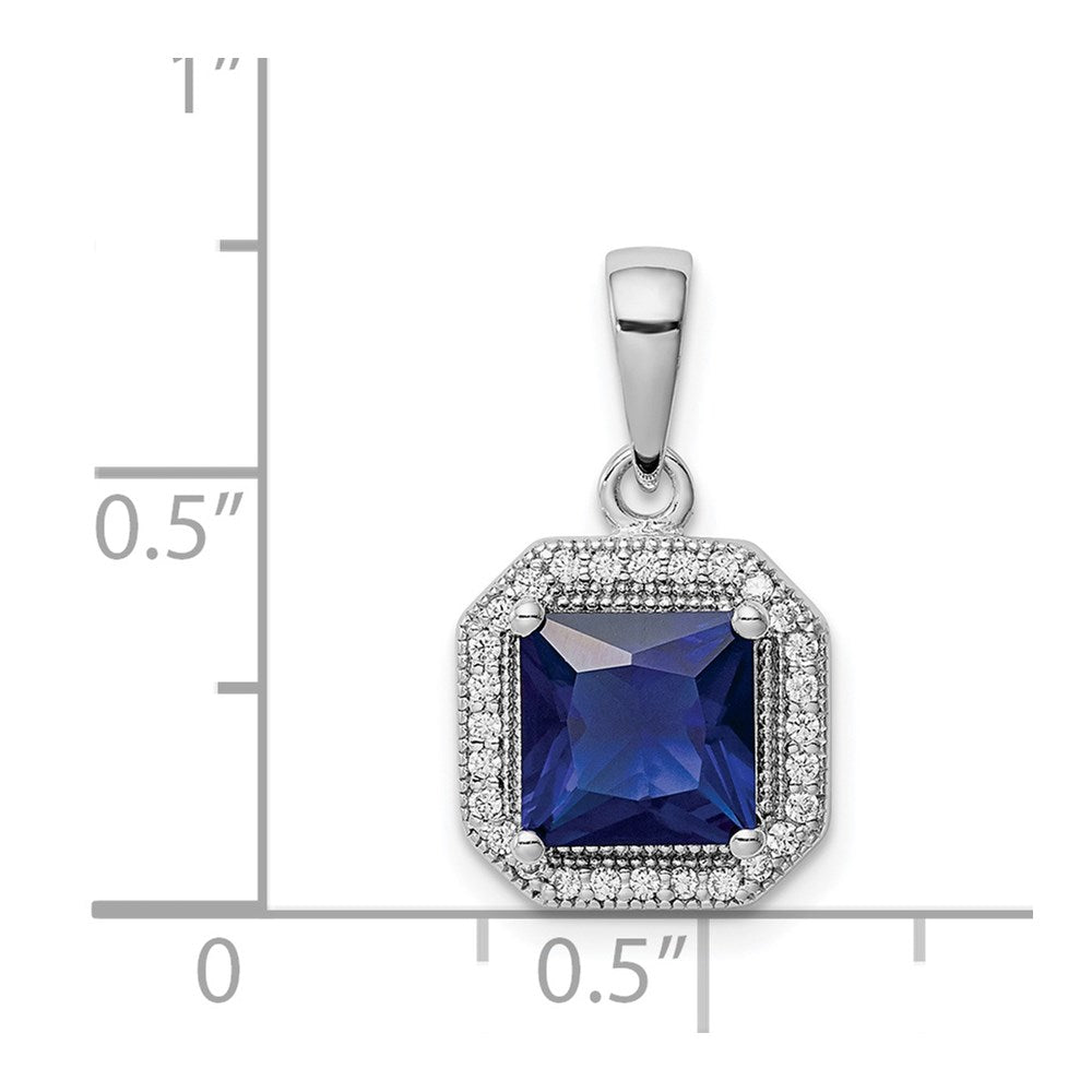 Sterling Silver Rhodium Plated Clear Cz And Square Blue Pendant