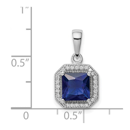 Sterling Silver Rhodium Plated Clear Cz And Square Blue Pendant