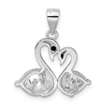 Sterling Silver Rhodium-Plated Polished Cz Swan Couple Pendant