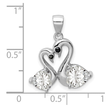 Sterling Silver Rhodium-Plated Polished Cz Swan Couple Pendant