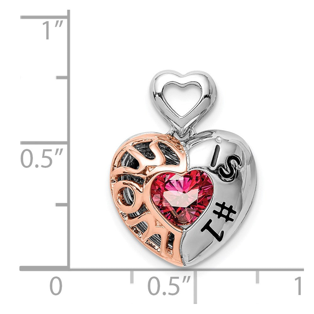 Sterling Silver Rhod-Plated & Rose-Tone Mom Is #1 Vibrant Red Cz Pendant