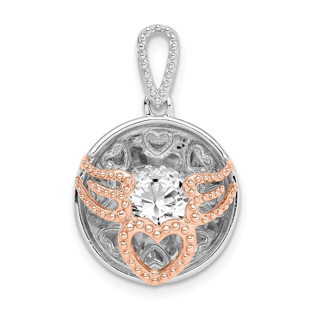 Sterling Silver Rhod-Plated & Rose-Tone Heart Wings W/Vibrant Cz Pendant